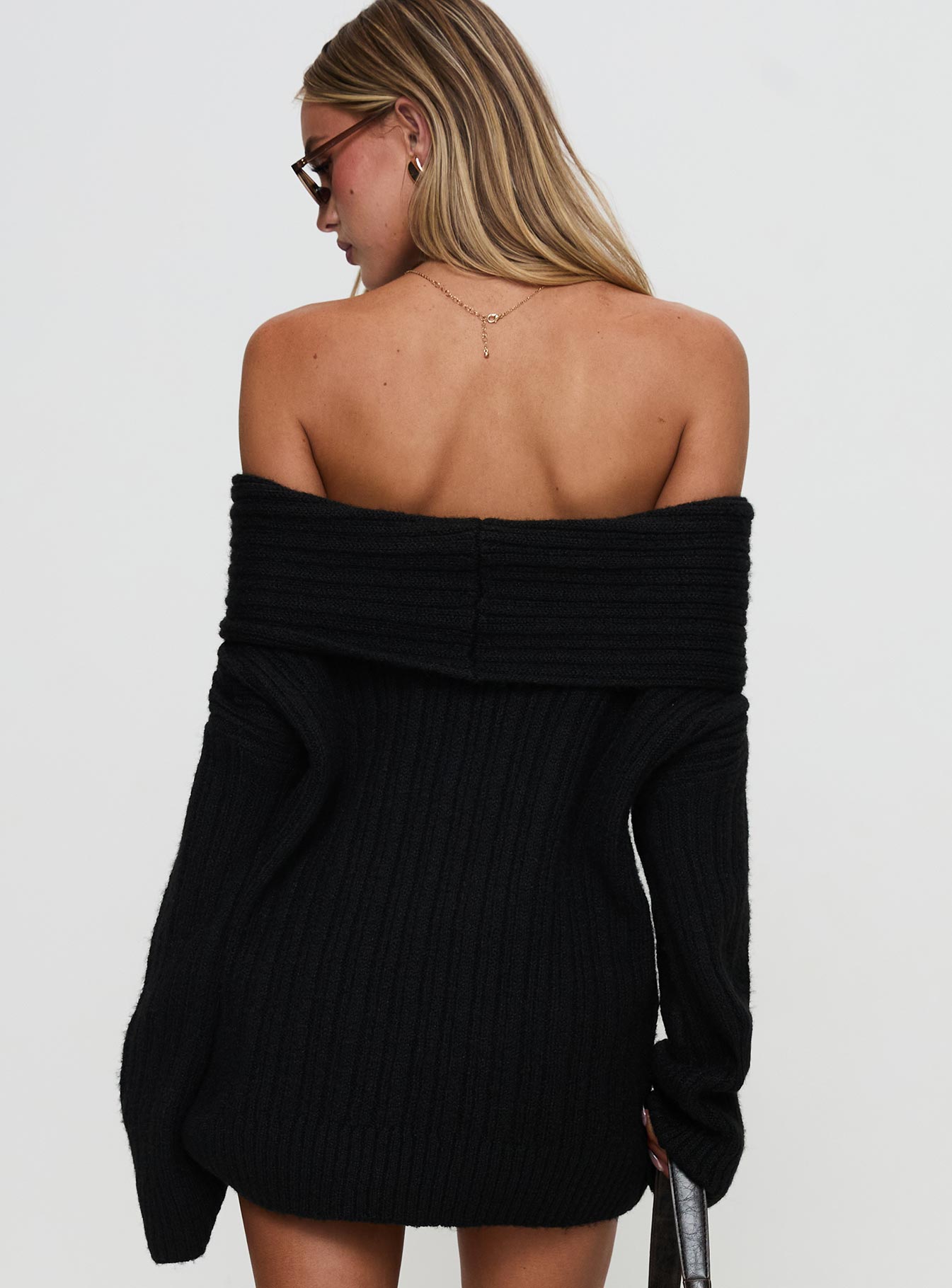 back view of model wearing Princess Polly Snowie Off Shoulder Knit Sweater Black Long 