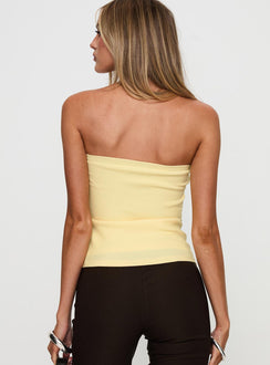 back view of model wearing Princess Polly Satellite Strapless Buckle Detail Top Yellow Sleeveless straight 