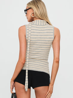 Roana Reversible Scarf Tie Knit Top Grey Stripe