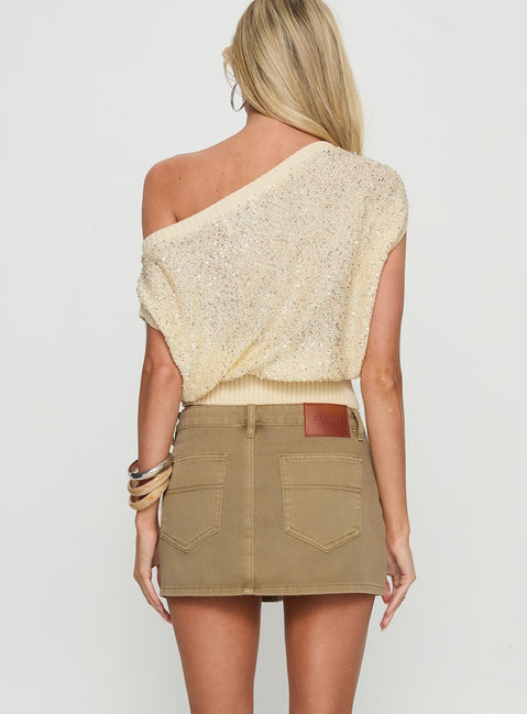 back view of model wearing Princess Polly Katlynne Button Detail Mini Skirt Washed Beige Mini Skirts 