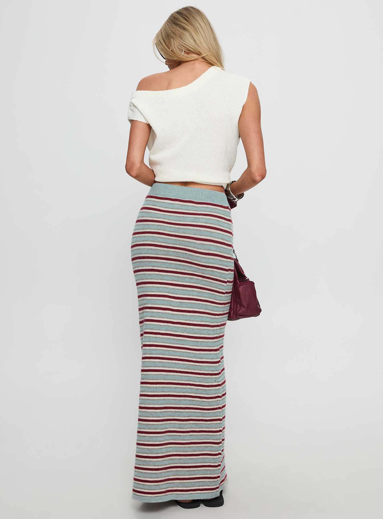 back view of model wearing Princess Polly On Air Knit Maxi Skirt Multi Stripe 