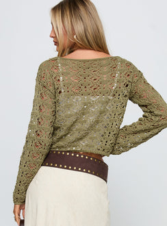 back view of model wearing Princess Polly Birdena Sweater Green Cropped 