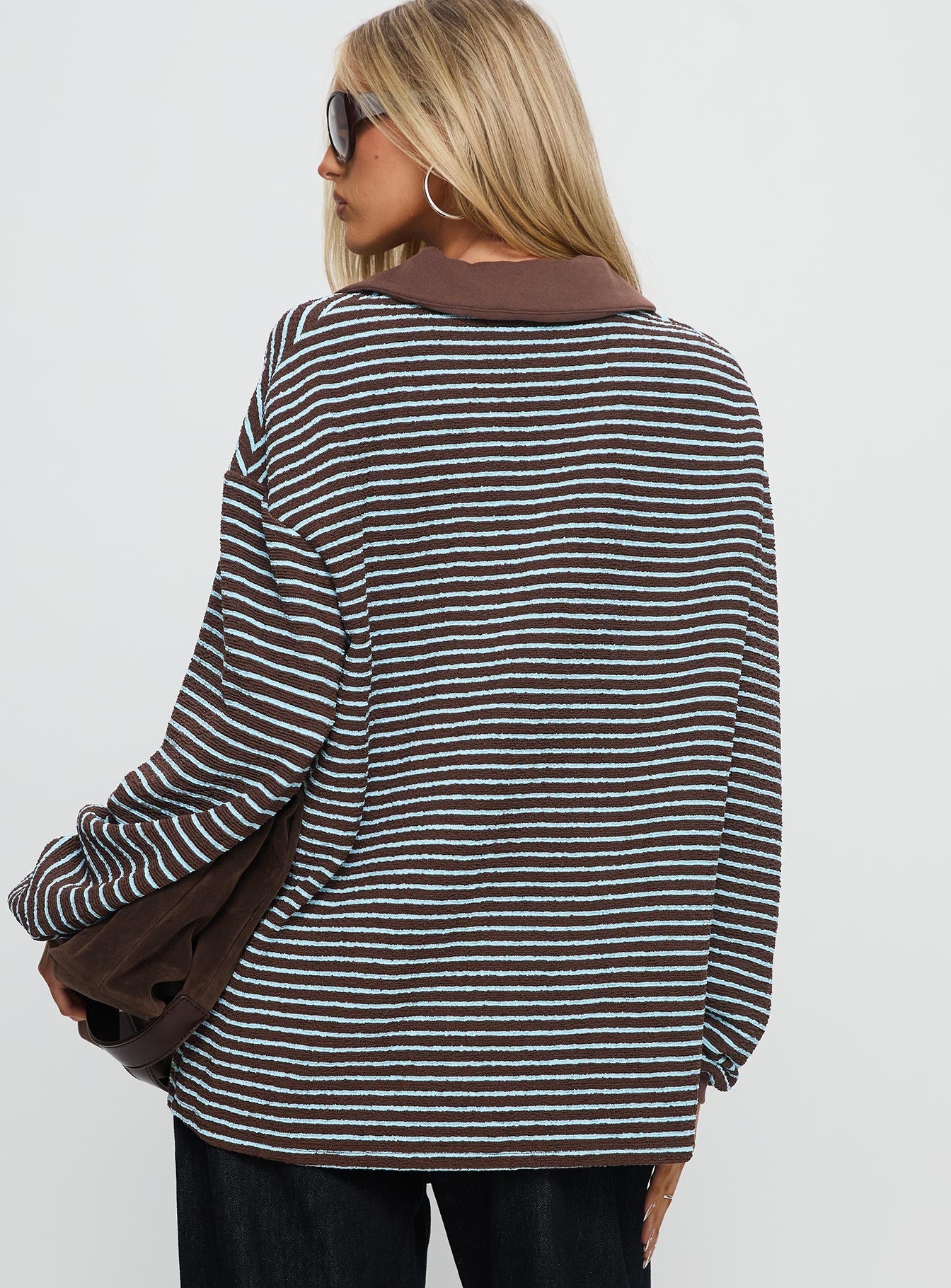 back view of model wearing Princess Polly Rigbys Collared Jumper Brown / Blue Stripe Longline Jumpers 