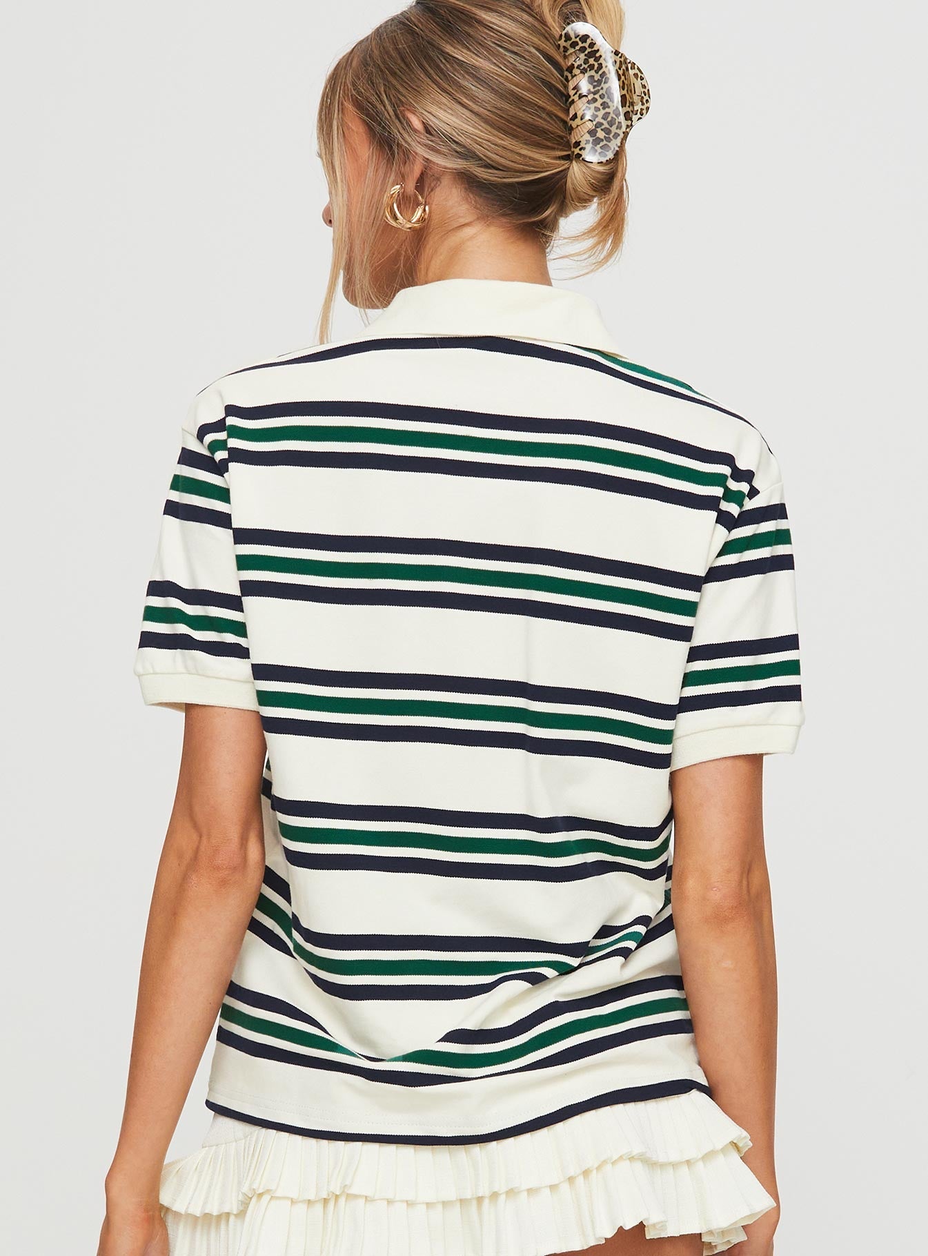 back view of model wearing Princess Polly Leisure Polo Ivory Moss Short Sleeves High Neck 