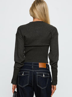 back view of model wearing Princess Polly Head In The Clouds Knit Cardigan Grey Argyle cropped 