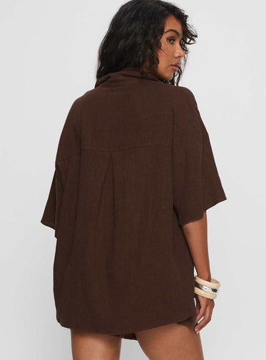 Peni Linen Button Down Top Chocolate