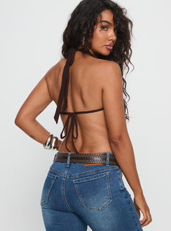 back view of model wearing Princess Polly Quinna Plunge Neck Backless Bodysuit Chocolate Sleeveless 