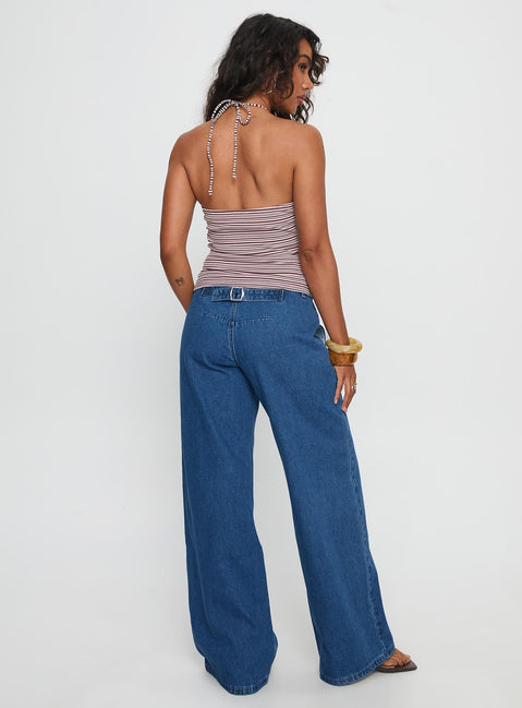 back view of model wearing Princess Polly Polaris Mid Rise Straight Leg Jeans Mid Blue Mid Rise Jeans 