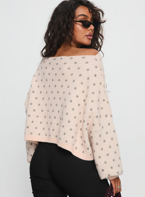 Francess Off Shoulder Knit Sweater Pink Polka
