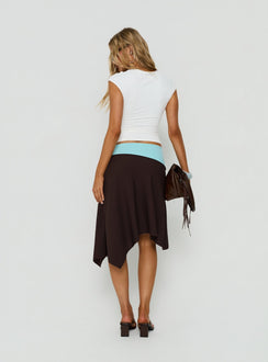 Styled with the Suave Asymmetrical Contrast Midi Skirt Brown / Aqua womens-skirts in midi length back view of model wearing Princess Polly
