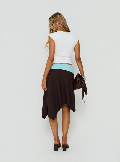 Styled with the Suave Asymmetrical Contrast Midi Skirt Brown / Aqua womens-skirts in midi length back view of model wearing Princess Polly