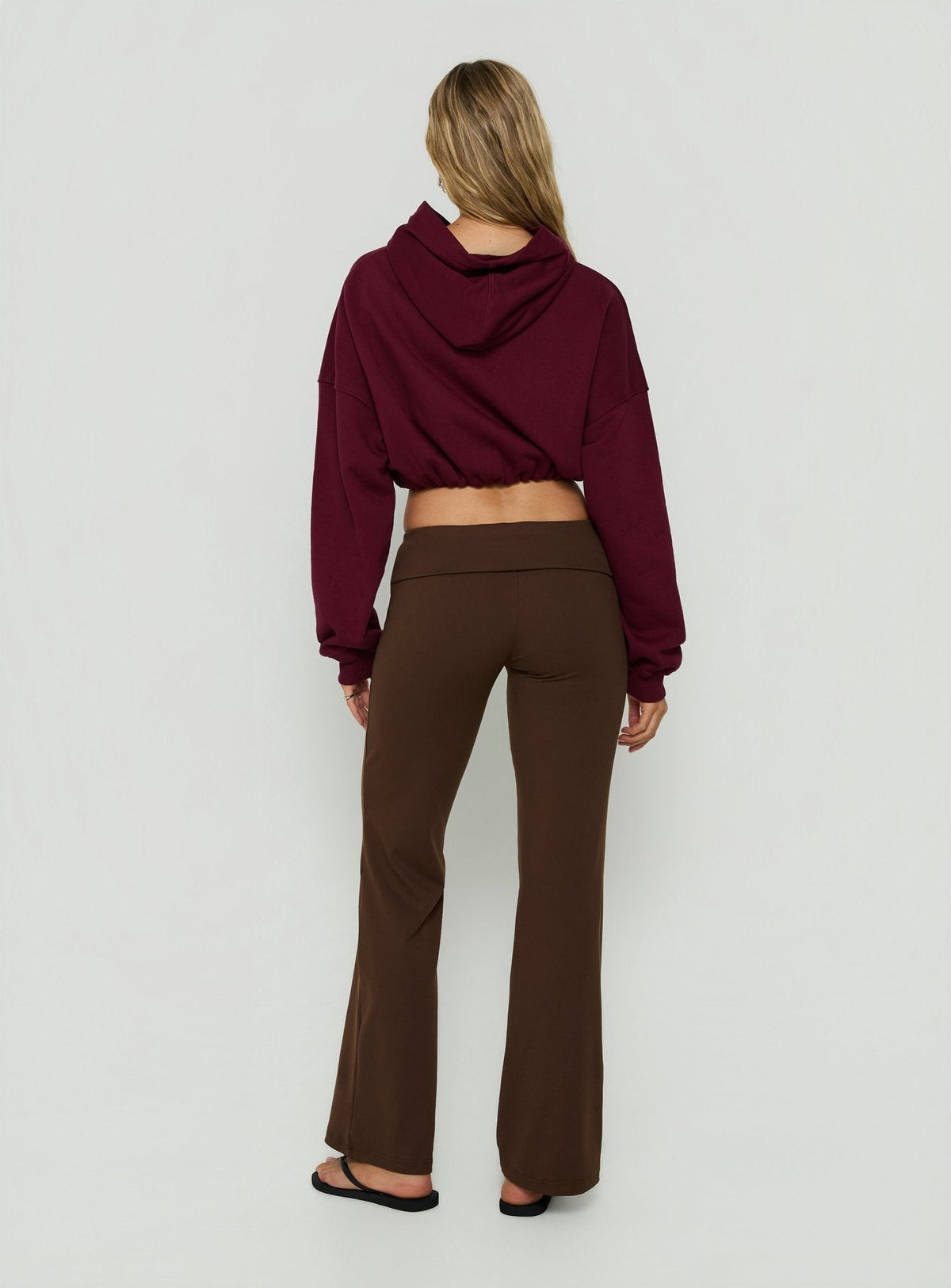 Presenting Daily Define Foldover Waist Pants Brown womens-regular-pants with high-rise back view of model wearing Princess Polly