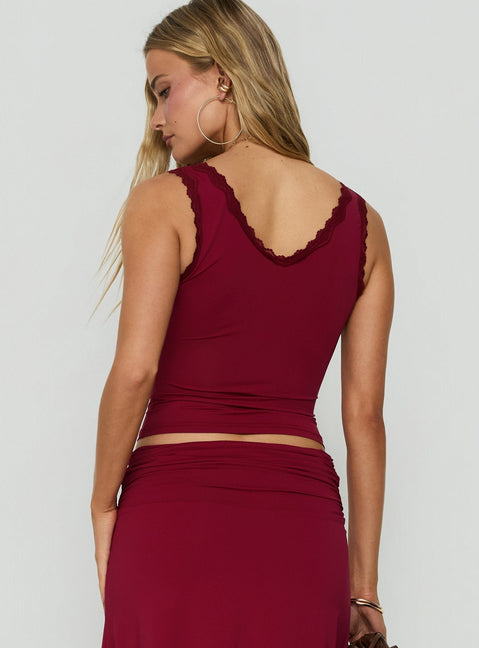 Phoebella Lace Trim V Neck Top Burgundy