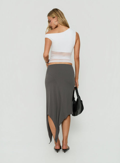 Displaying the Aviza Asymmetrical Midi Skirt Grey in womens-skirts with fitted fit back view of model wearing Princess Polly