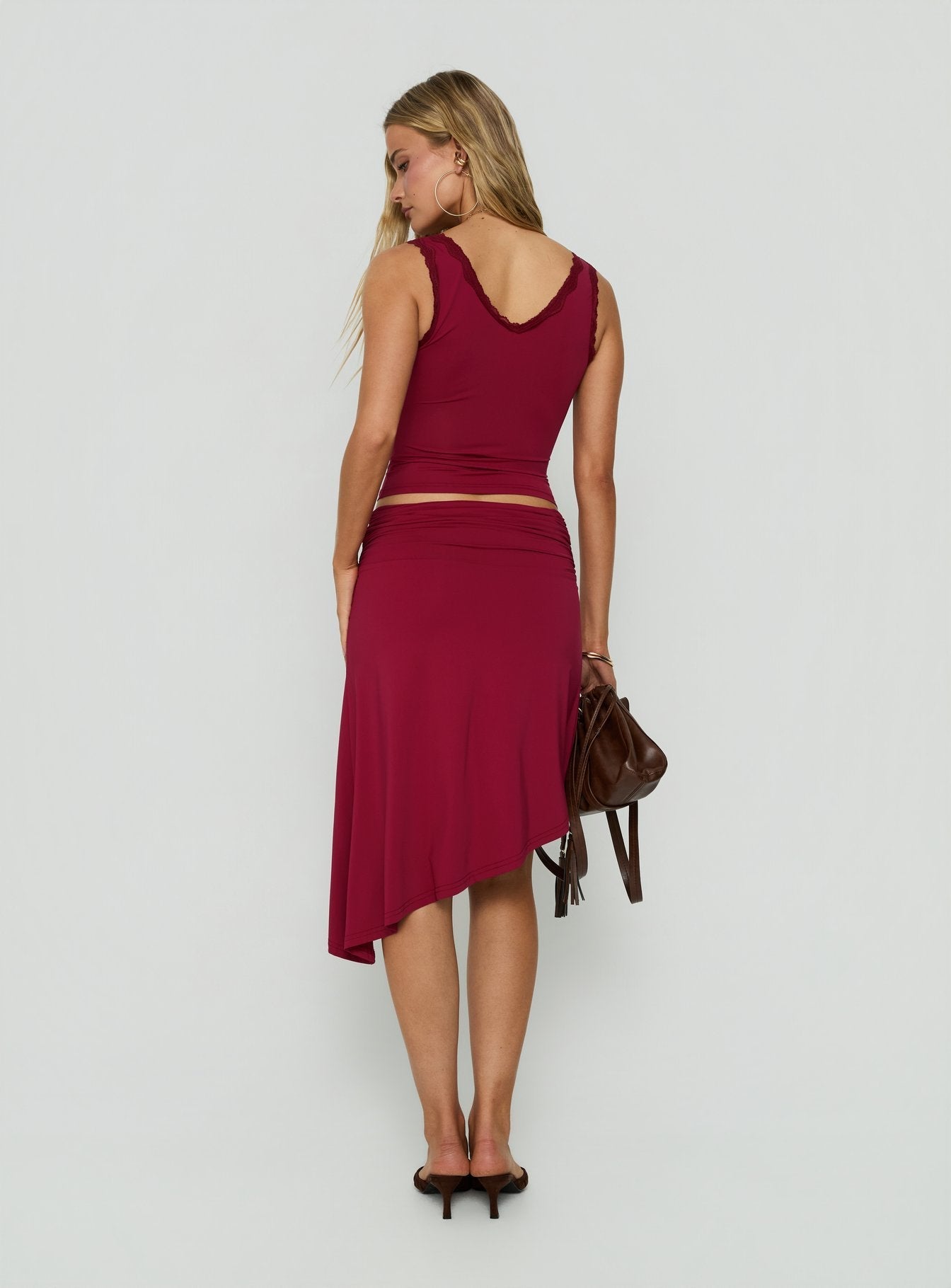 Phoebella Asymmetrical Midi Skirt Burgundy