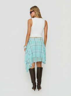 Ophella Tie Waist Chiffon Midi Skirt Aqua Check