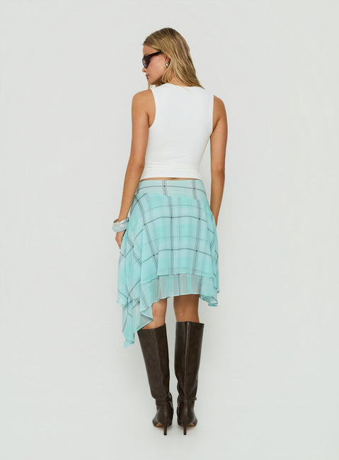Ophella Tie Waist Chiffon Midi Skirt Aqua Check