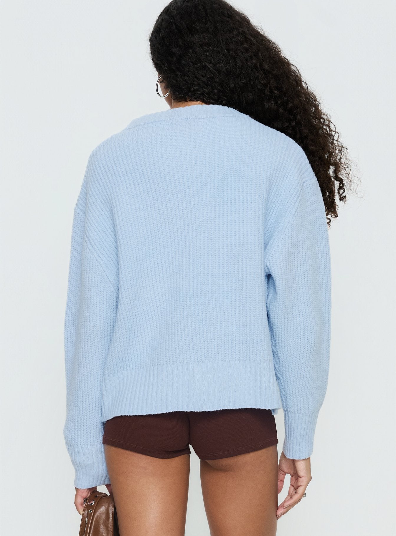 back view of model wearing Princess Polly Lexene Zip Through Jumper Baby Blue Longline Jumpers 