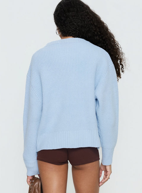 back view of model wearing Princess Polly Lexene Zip Through Jumper Baby Blue Longline Jumpers 