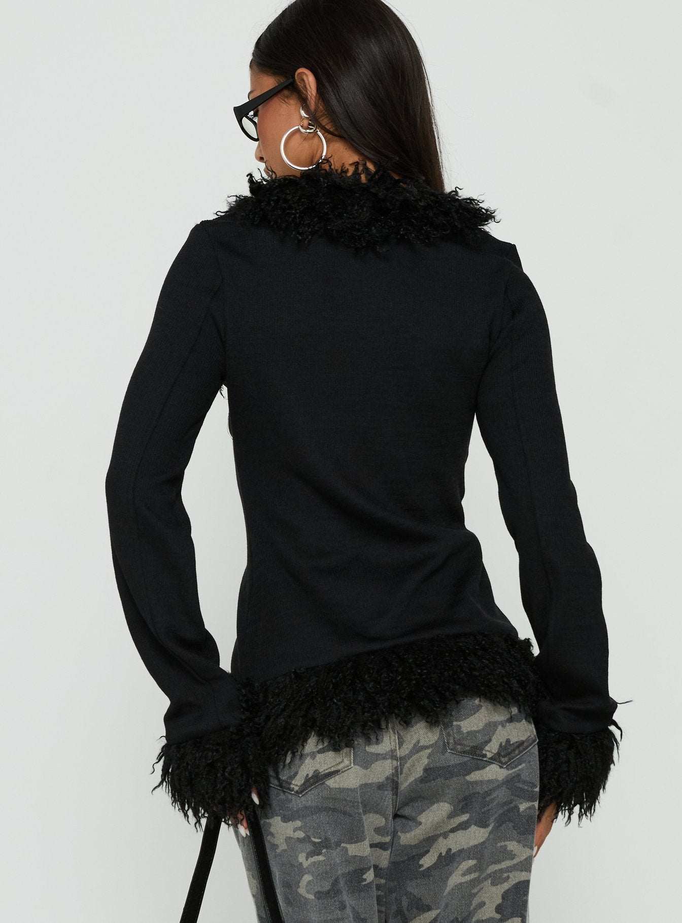 Brynlie Faux Fur Trim Boxy Cardigan Black