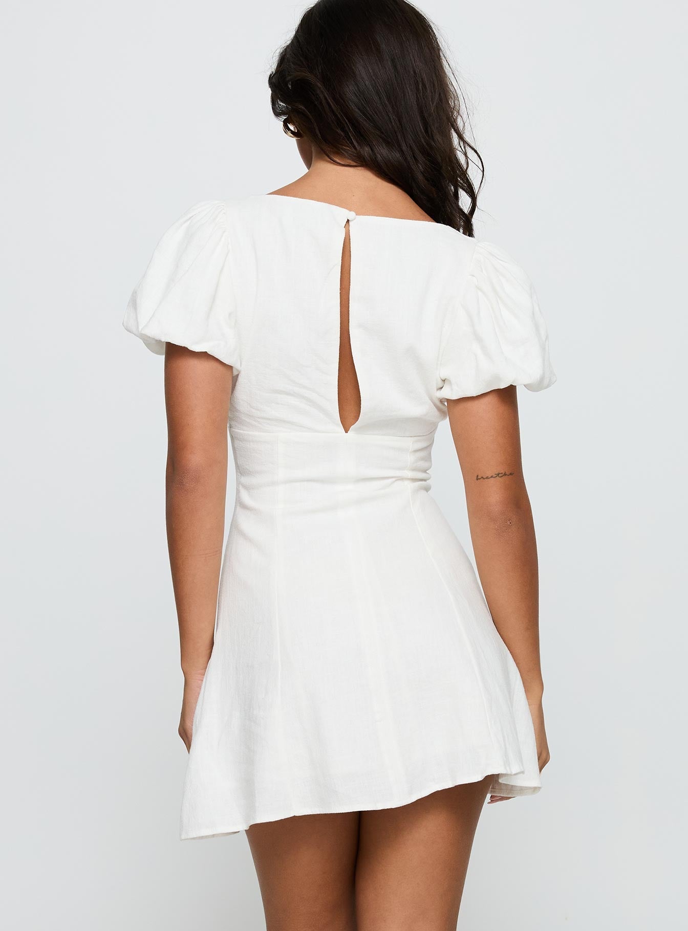 back view of model wearing Princess Polly Beloved Puff Sleeve Linen Blend Mini Dress White Plunger 
