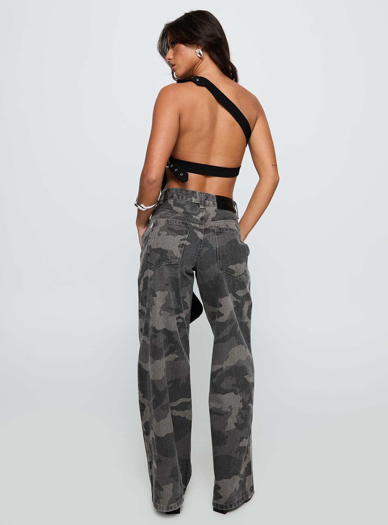 back view of model wearing Princess Polly Big Talk Baggy Jeans Grey Washed Cameo Mid Rise 