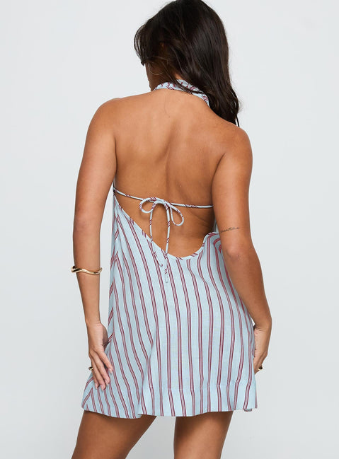 back view of model wearing Princess Polly Daydreams Linen Blend Halter Mini Dress Blue / Maroon Stripe Scoop Neck 