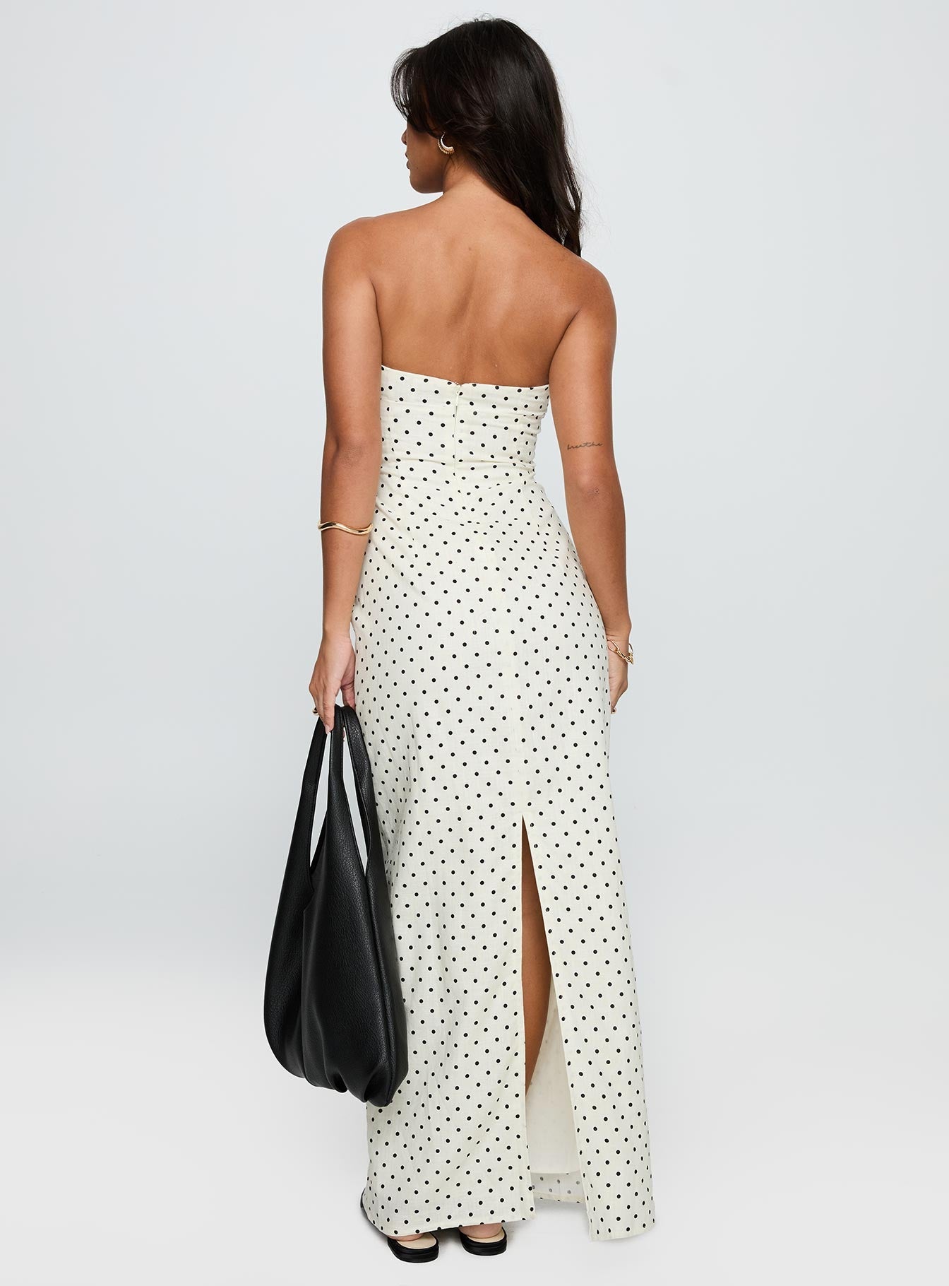 back view of model wearing Princess Polly Dovie Linen Blend Strapless Midi Dress Cream Polka Straight Neck 