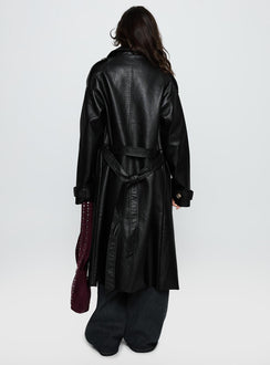 For The Fame Faux Leather Trench Coat Black