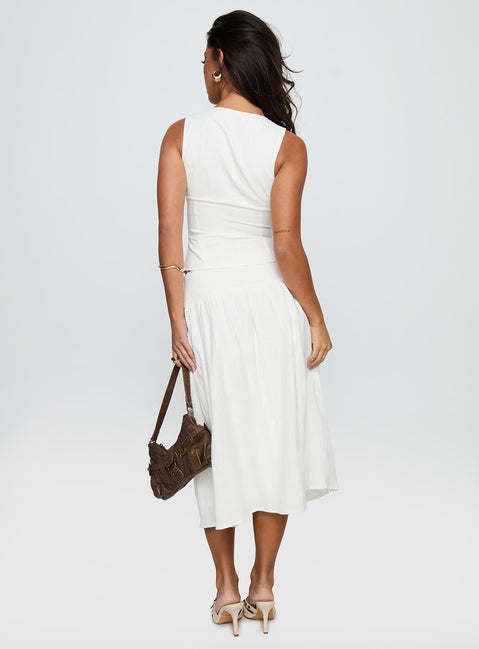 back view of model wearing Princess Polly Heart Of Gold Linen Blend Midi Skirt White Midi Skirts 