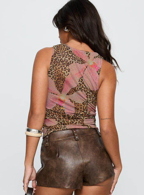 back view of model wearing Princess Polly Love Is Free Top Leopard Floral Sleeveless Crew Neck 