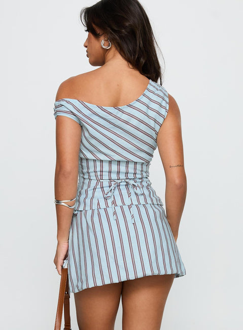 back view of model wearing Princess Polly Gulliver Tie Side Mini Skort Blue / Maroon Stripe High Waisted Shorts 