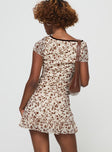 Mini dress Floral print, cap sleeves, mesh material, v neckline, frill hem detail Good stretch, fully lined Cold hand wash 