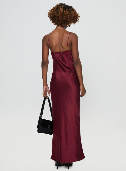 back view of model wearing Princess Polly Marilyn Maxi Dress Wine Plunger 
