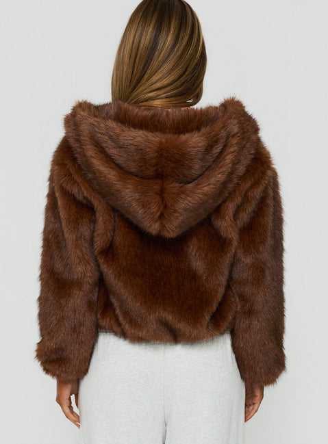 Act Up Faux Fur Hooded Jacket Brown