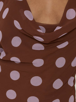 Karolie Halter Plunge Mini Dress Brown / Lilac Polka Dot