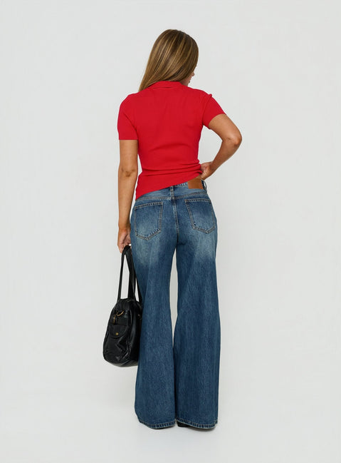 Celinia Mid Rise Asymmetrical Baggy Jeans Dark Indigo