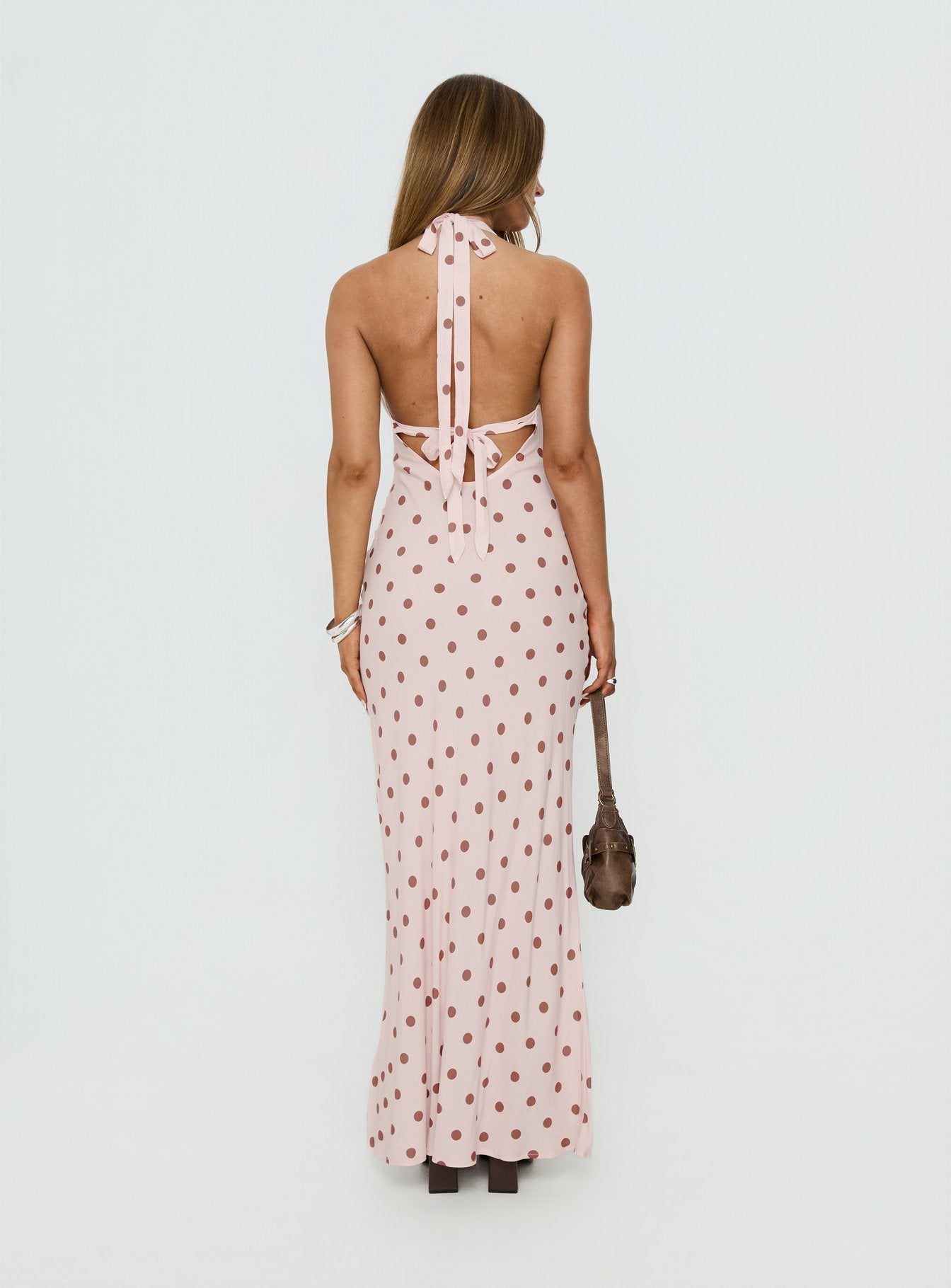 Picante Bias Cross Back Maxi Dress Pink Polka