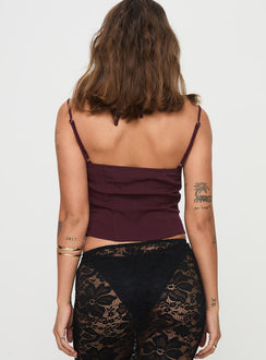 back view of model wearing Princess Polly Trynia Top Burgundy Sleeveless Square Neck 