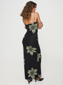 back view of model wearing Princess Polly Stardrop Maxi Dress Black Floral V-Neck 