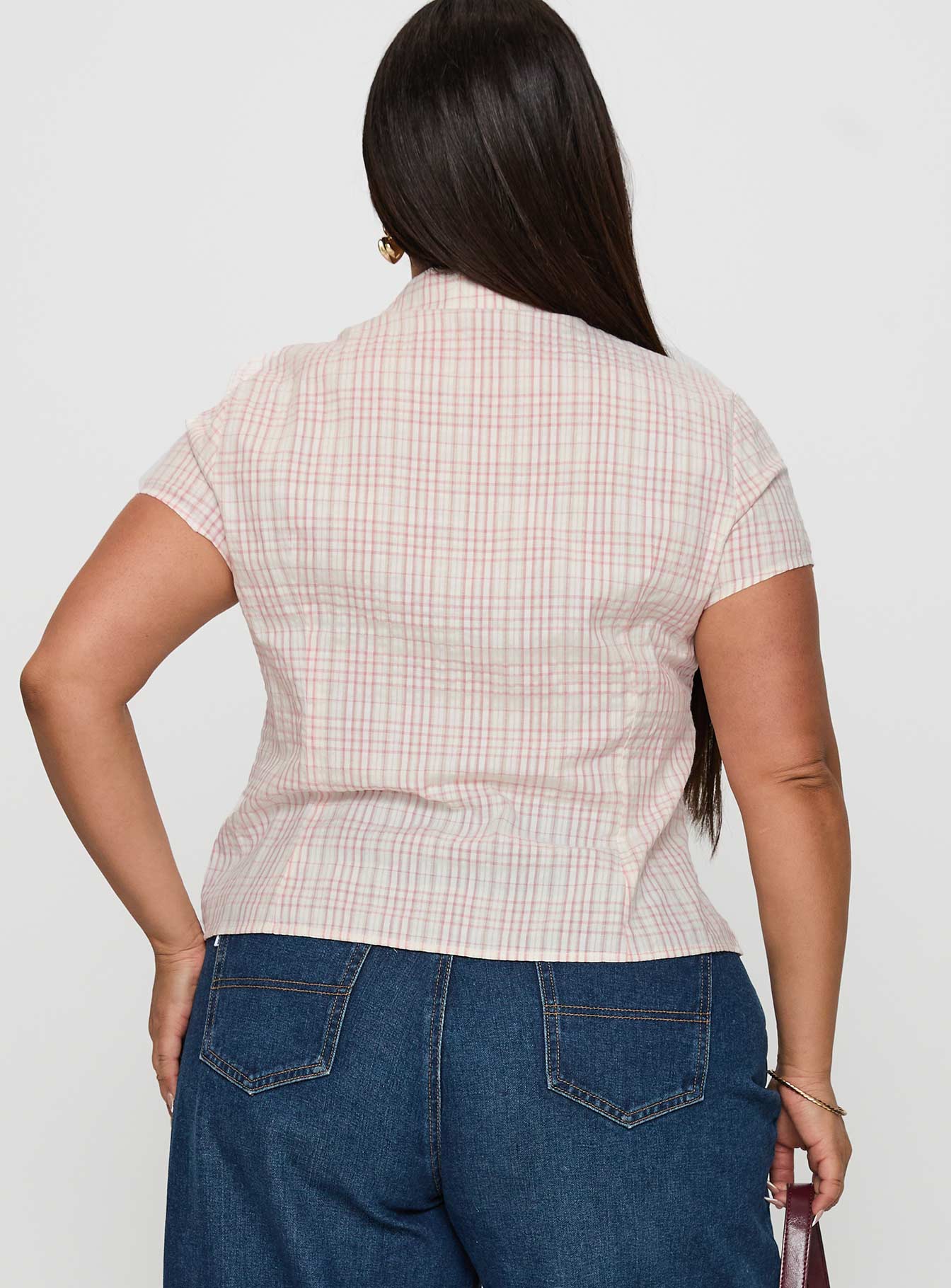 back view of model wearing Princess Polly Cottesloe Blouse Top Pink Check Curve Short Sleeves V-Neck 