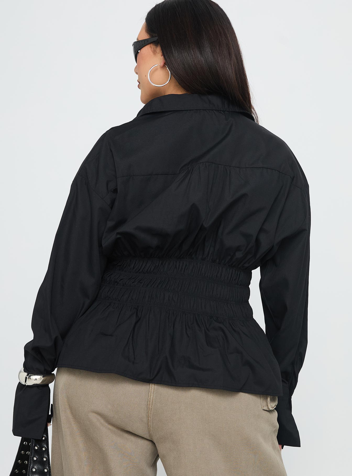 As You Are Shirred Button Up Top Black Curve