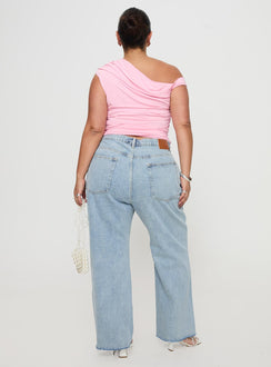 back view of model wearing Princess Polly Fawcett High Rise Straight Leg Jeans Light Blue Wash Curve High Rise Jeans Jeans 