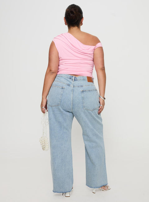 back view of model wearing Princess Polly Fawcett High Rise Straight Leg Jeans Light Blue Wash Curve High Rise Jeans Jeans 