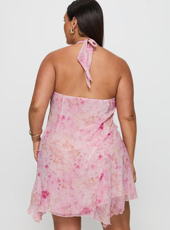 back view of model wearing Princess Polly Valorie Halter Mini Dress Pink Curve Plunger 