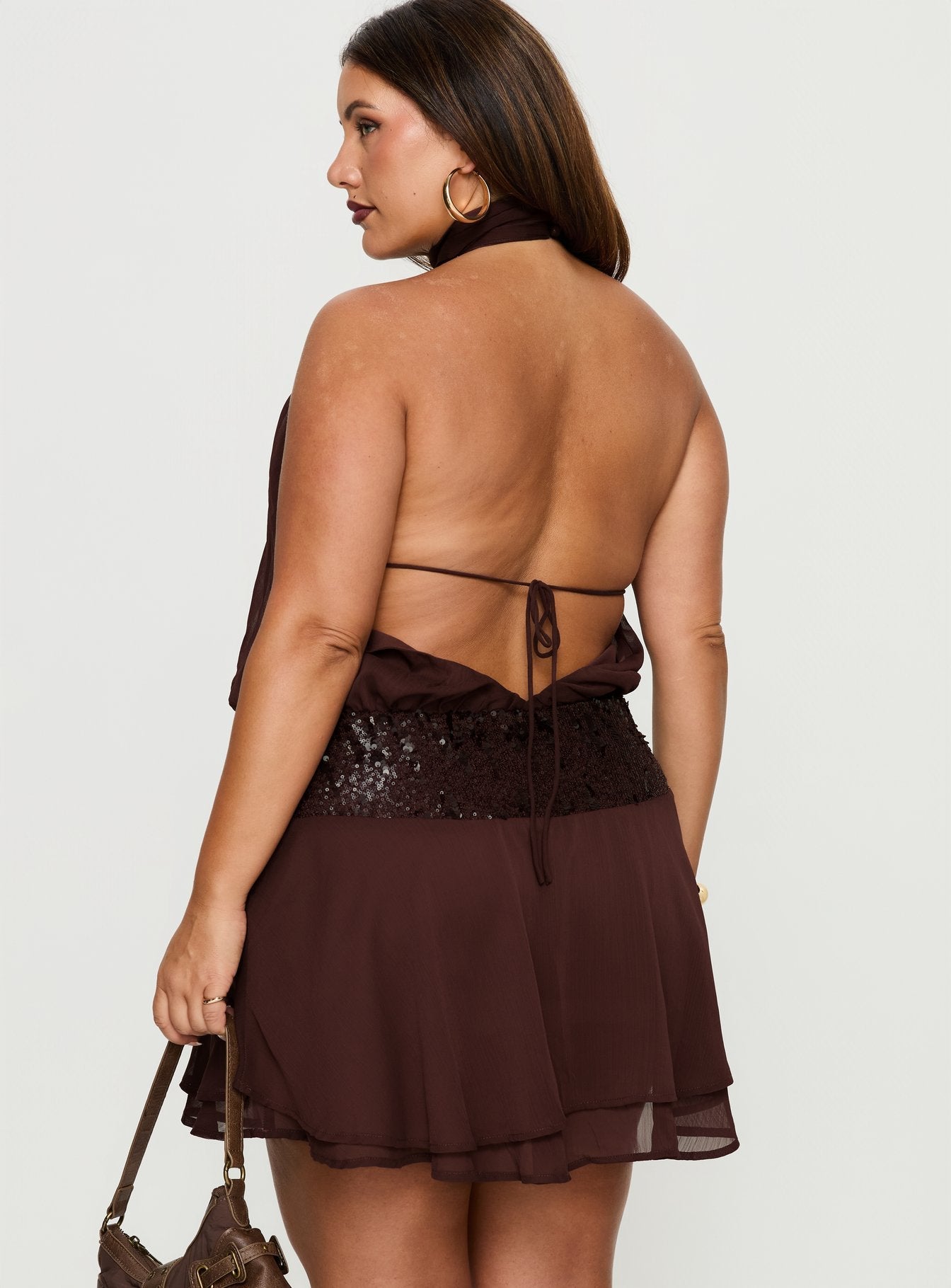 Zenayda Drop Waist Sequin Mini Dress Brown Curve
