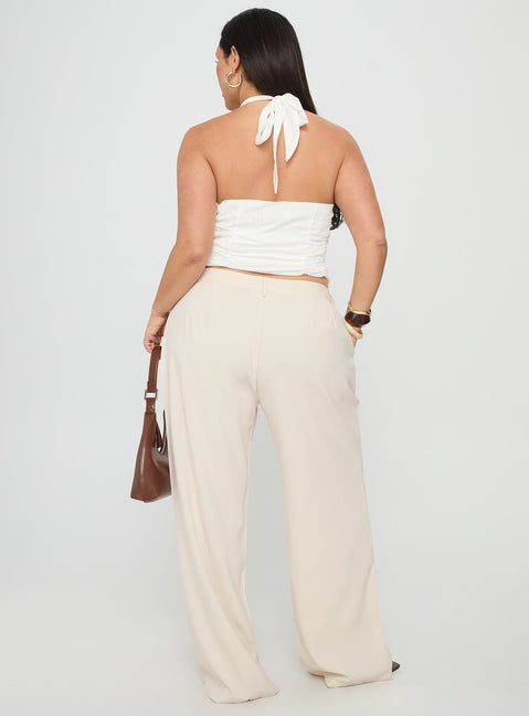 back view of model wearing Princess Polly Irresistible Wide Leg Pant Cream Curve High Waisted Pants 