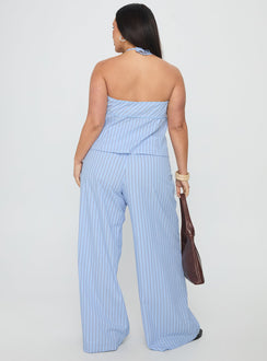 back view of model wearing Princess Polly Sofea Mid Rise Pant Blue Stripe Curve High Waisted Pants 