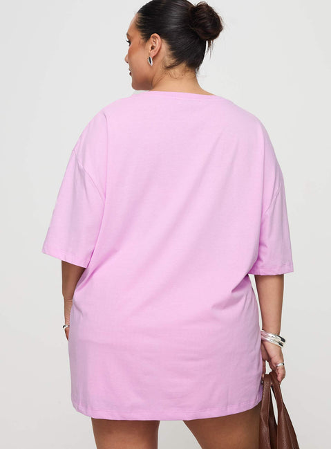 back view of model wearing Princess Polly Hibiscus Haven Oversized Tee Pink Curve Half Sleeves Crew Neck 