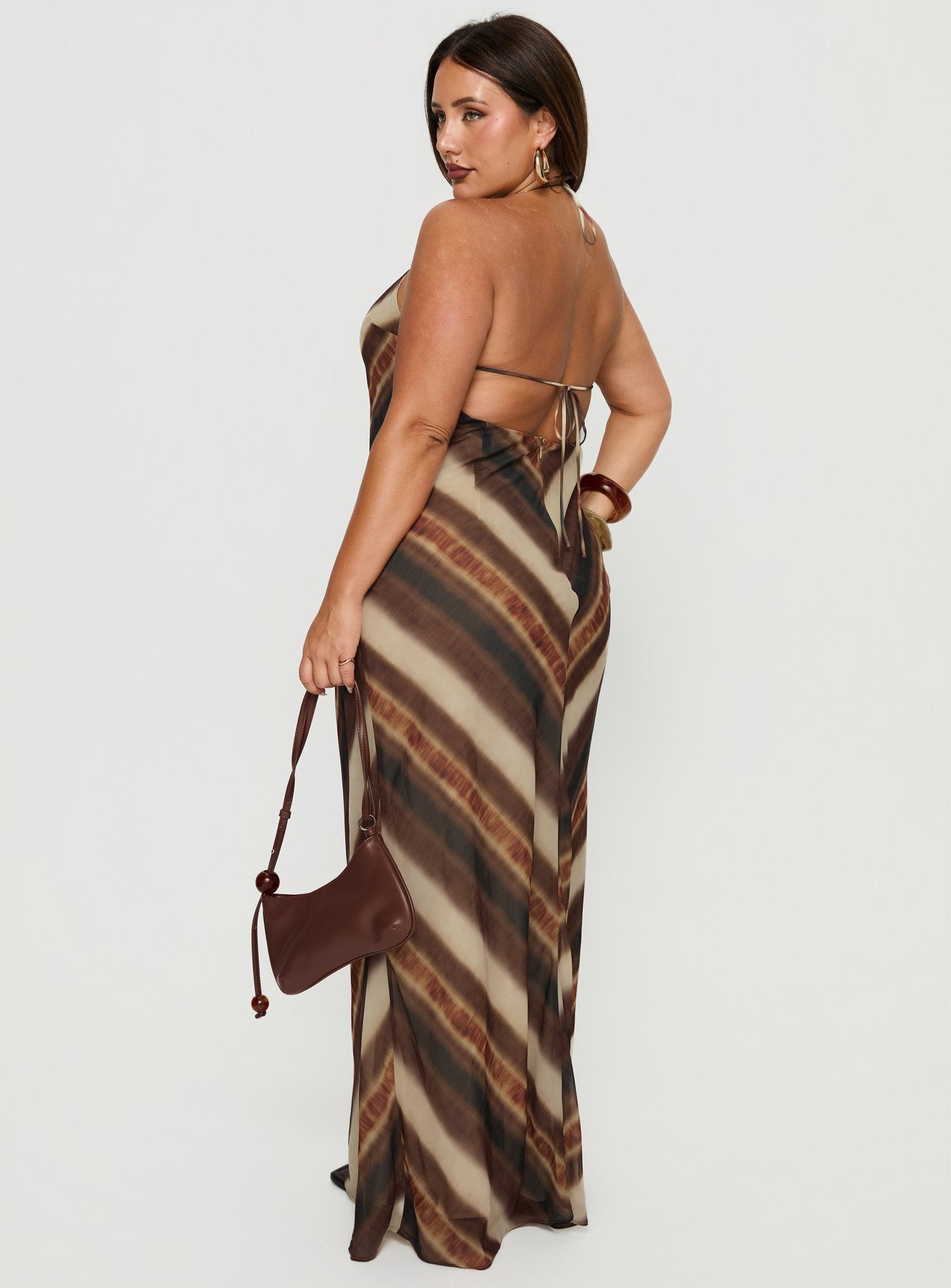 Esmira Halter Maxi Dress Brown Stripe Curve